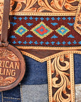 AMERICAN DARLING Tooled Leather Denim Canteen Bag Cowhide Fringe