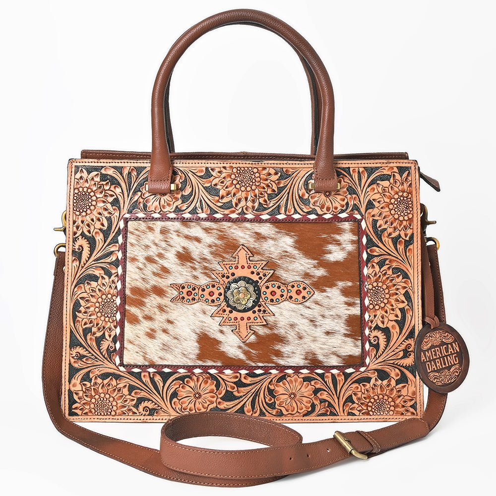 AMERICAN DARLING Tooled Leather &amp; Cowhide Satchel Bag Hand-Carved Floral Border