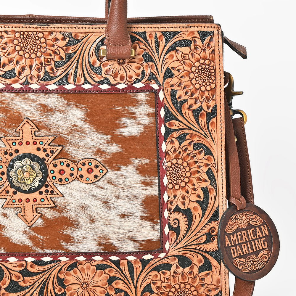 AMERICAN DARLING Tooled Leather &amp; Cowhide Satchel Bag Hand-Carved Floral Border