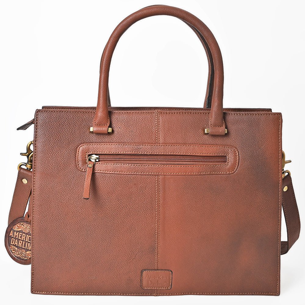 AMERICAN DARLING Tooled Leather &amp; Cowhide Satchel Bag Hand-Carved Floral Border