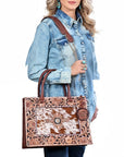 AMERICAN DARLING Tooled Leather & Cowhide Satchel Bag Hand-Carved Floral Border