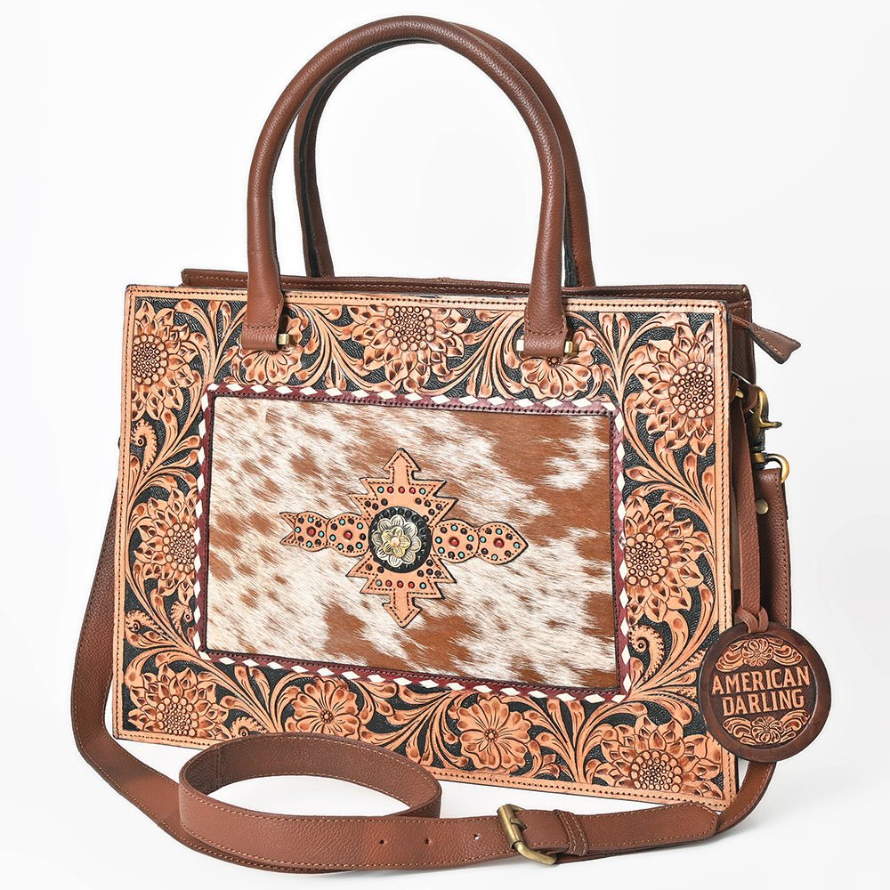 AMERICAN DARLING Tooled Leather &amp; Cowhide Satchel Bag Hand-Carved Floral Border