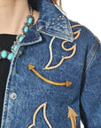 American Darling Women’s Western Denim Jacket - Acid Wash Jean Blazer with Flame Embroidery, Boho Cowgirl Outerwear