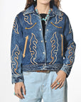 American Darling Women’s Western Denim Jacket - Acid Wash Jean Blazer with Flame Embroidery, Boho Cowgirl Outerwear