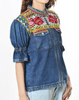 American Darling Women's Embroidered Denim Jacket Boho Tribal Floral Jean Blazer with Puff Ruffle Sleeves Cowgirl Top