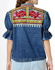 American Darling Women's Embroidered Denim Jacket Boho Tribal Floral Jean Blazer with Puff Ruffle Sleeves Cowgirl Top
