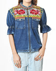 American Darling Women's Embroidered Denim Jacket Boho Tribal Floral Jean Blazer with Puff Ruffle Sleeves Cowgirl Top