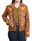 Western Embroidered Blazer Jacket Featuring Bull Head Cowgirl Motif In Brown Fabric