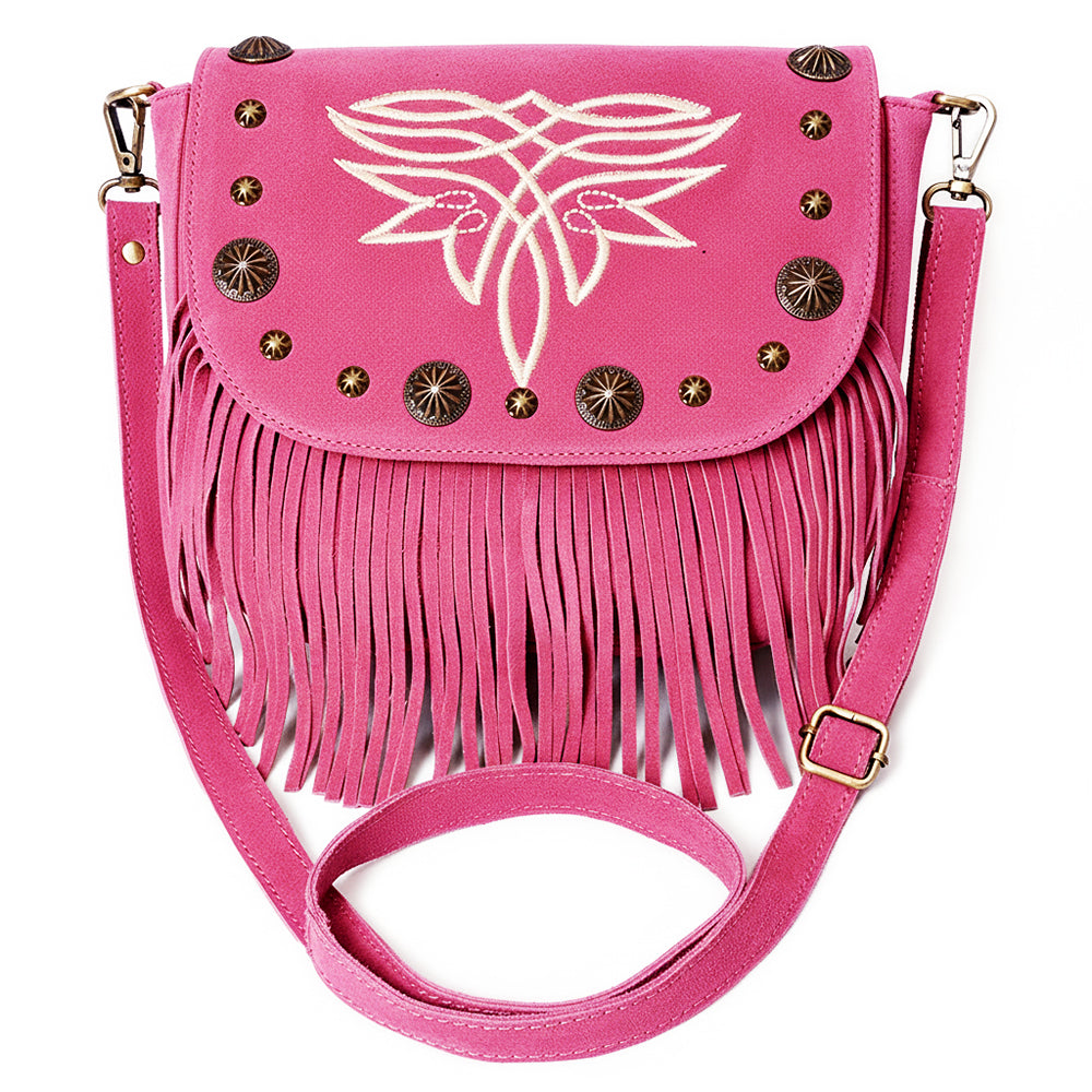 American Darling Genuine Suede Leather Cross body Bag - Fringe, Embroidery &amp; Concho Eco-Friendly Vegetable Tanned Purse