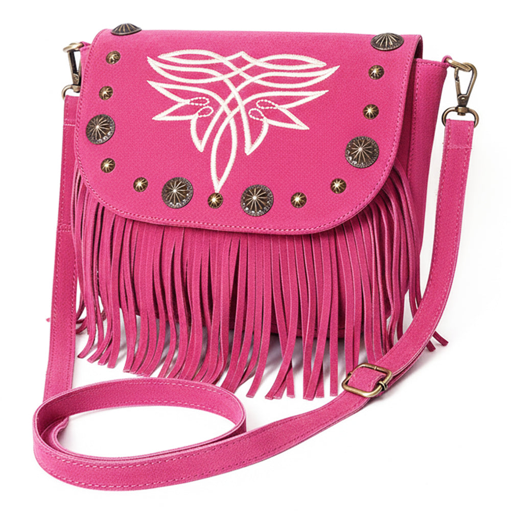 American Darling Genuine Suede Leather Cross body Bag - Fringe, Embroidery &amp; Concho Eco-Friendly Vegetable Tanned Purse