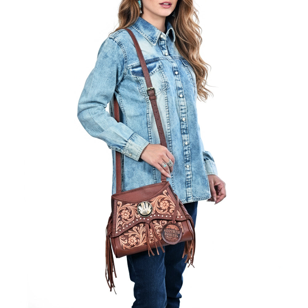 AMERICAN DARLING Hand-Tooled Leather Satchel Bag Floral Carving &amp; Concho Flap