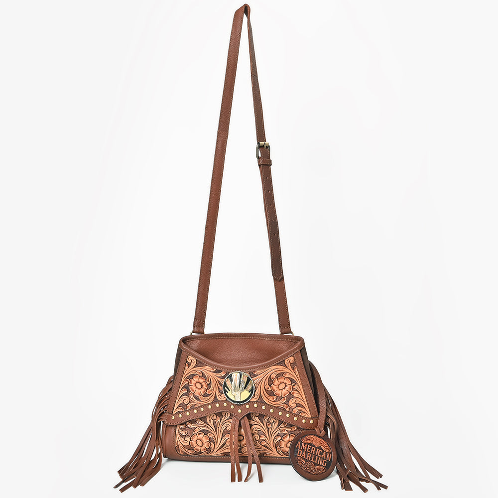 AMERICAN DARLING Hand-Tooled Leather Satchel Bag Floral Carving &amp; Concho Flap