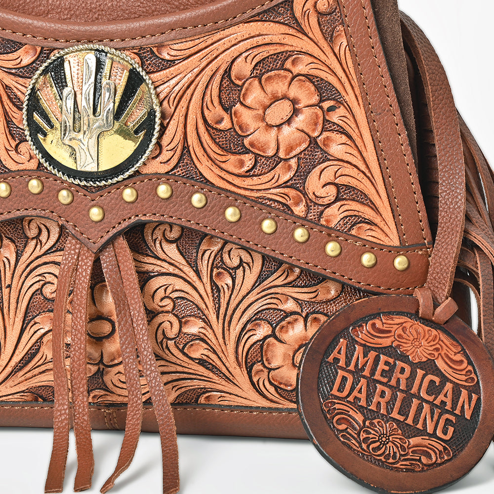AMERICAN DARLING Hand-Tooled Leather Satchel Bag Floral Carving &amp; Concho Flap