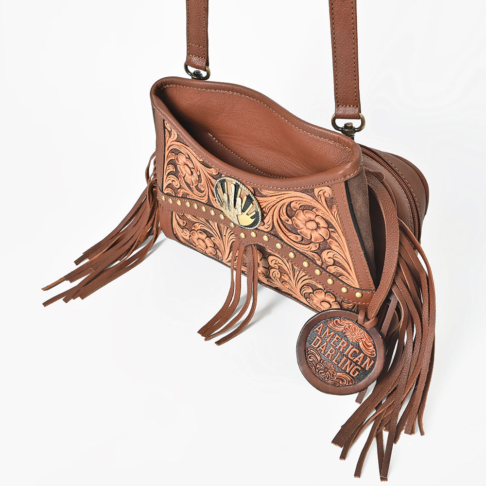 AMERICAN DARLING Hand-Tooled Leather Satchel Bag Floral Carving &amp; Concho Flap