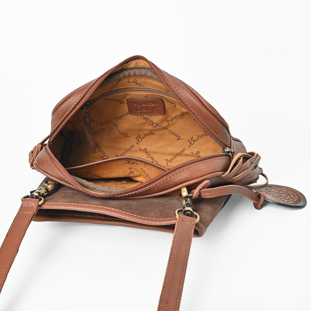 AMERICAN DARLING Hand-Tooled Leather Satchel Bag Floral Carving &amp; Concho Flap