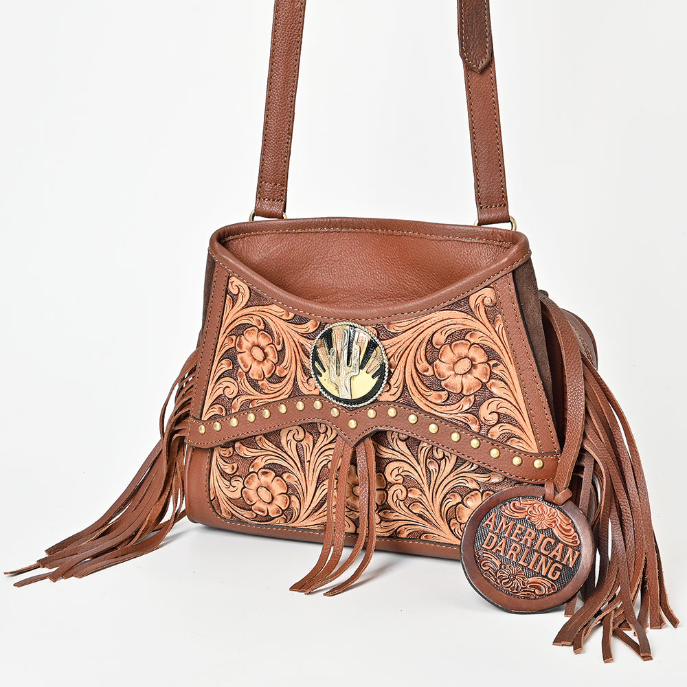 AMERICAN DARLING Hand-Tooled Leather Satchel Bag Floral Carving &amp; Concho Flap