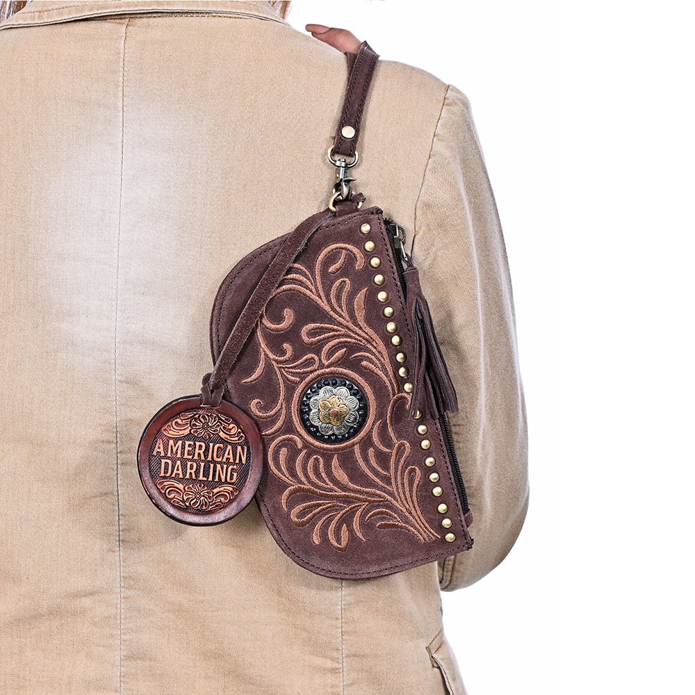 American Darling Genuine Suede Leather Western Wristlet Clutch Floral Scroll