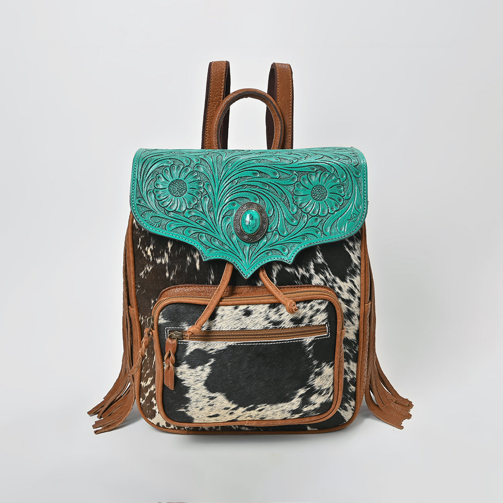 American Darling Western Cowhide &amp; Turquoise Tooled Leather Fringe Backpack