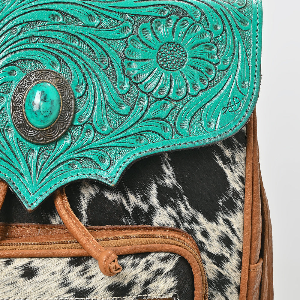 American Darling Western Cowhide &amp; Turquoise Tooled Leather Fringe Backpack