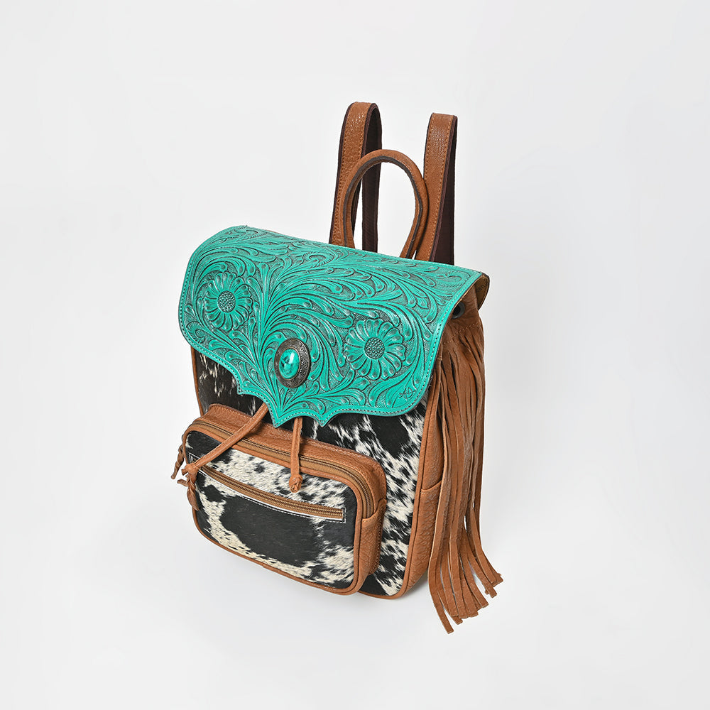 American Darling Western Cowhide &amp; Turquoise Tooled Leather Fringe Backpack