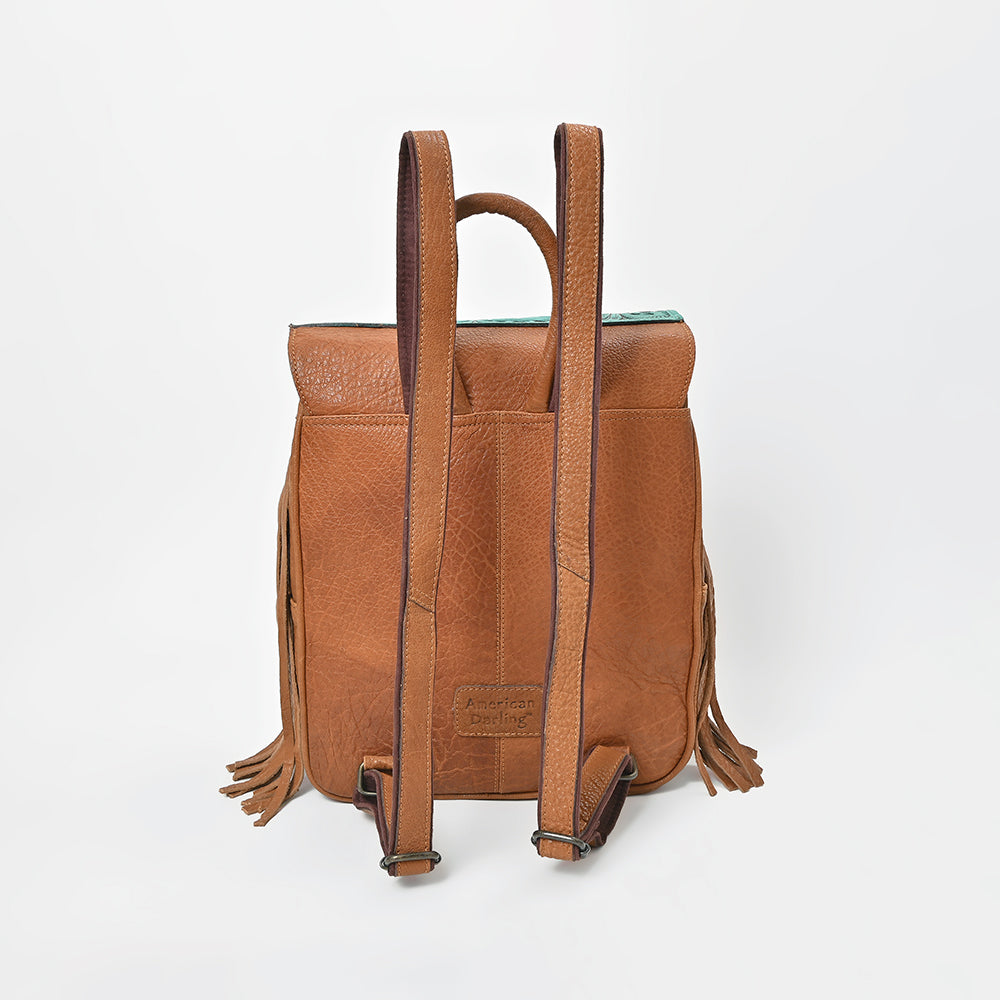 American Darling Western Cowhide &amp; Turquoise Tooled Leather Fringe Backpack