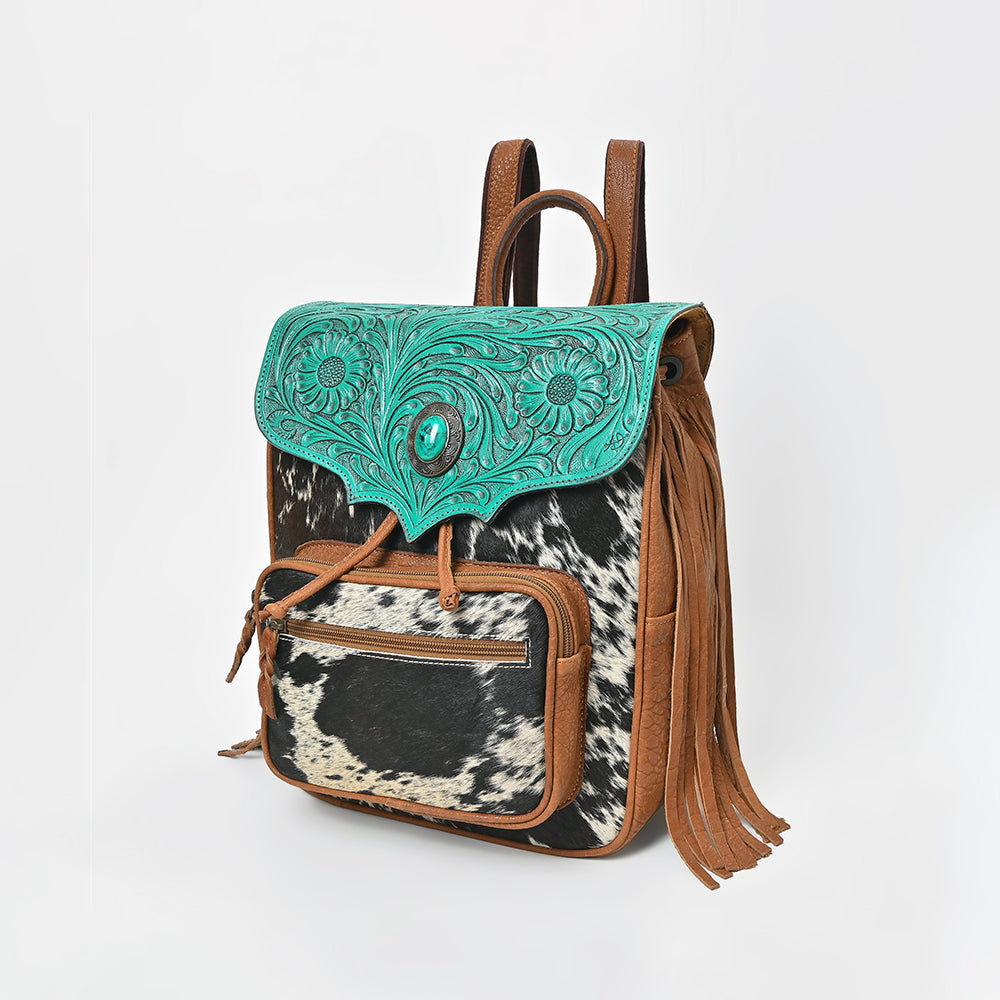American Darling Western Cowhide &amp; Turquoise Tooled Leather Fringe Backpack