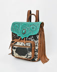American Darling Western Cowhide & Turquoise Tooled Leather Fringe Backpack