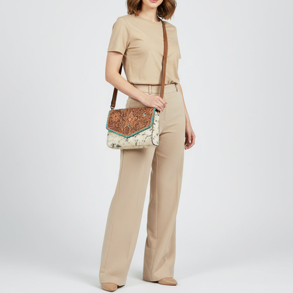 American Darling Hair-On Hide &amp; Hand-Tooled Genuine Leather Star Crossbody Bag