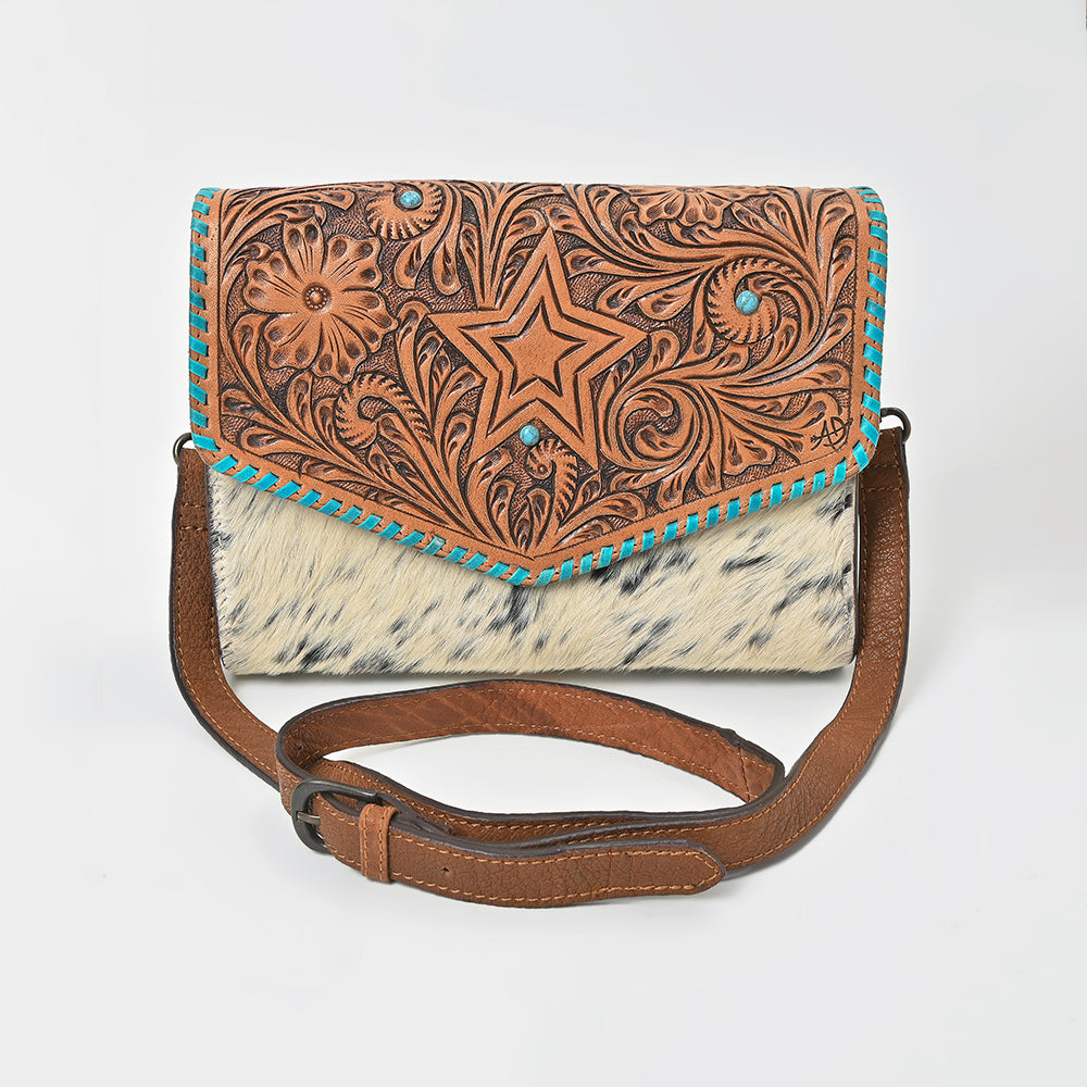 American Darling Hair-On Hide &amp; Hand-Tooled Genuine Leather Star Crossbody Bag