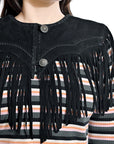 American Darling Women’s Genuine Suede Leather Fringe Vest - Western Cropped Cowgirl Yoke Black Boho Fringe Cape