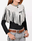 American Darling Women’s Genuine Suede Leather Fringe Vest - Western Cropped Cowgirl Yoke White Boho Fringe Cape