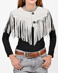 American Darling Women’s Genuine Suede Leather Fringe Vest - Western Cropped Cowgirl Yoke White Boho Fringe Cape