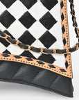 OHLAY High Fashion Checkered Flap Quilted Leather Crossbody Bag Black & White