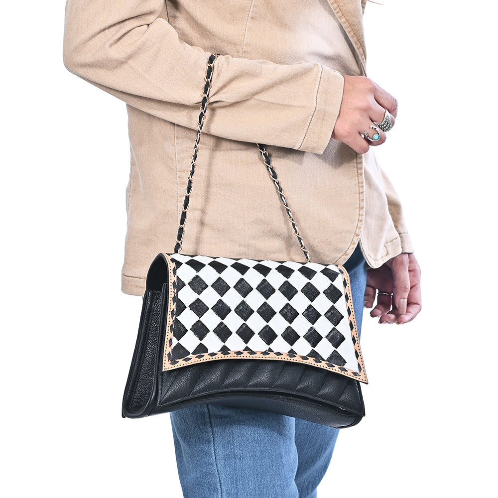 OHLAY High Fashion Checkered Flap Quilted Leather Crossbody Bag Black &amp; White