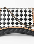 OHLAY High Fashion Checkered Flap Quilted Leather Crossbody Bag Black & White