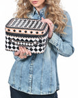 OHLAY Checkered Top Grain Leather Jewelry Box Case Bag Hand-Painted Black White