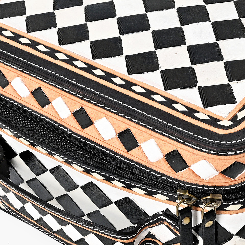 OHLAY Checkered Top Grain Leather Jewelry Box Case Bag Hand-Painted Black White