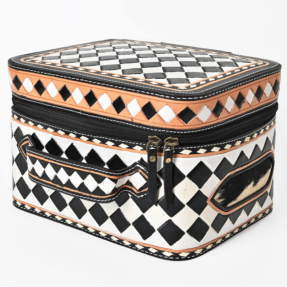 OHLAY Checkered Top Grain Leather Jewelry Box Case Bag Hand-Painted Black White