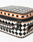 OHLAY Checkered Top Grain Leather Jewelry Box Case Bag Hand-Painted Black White