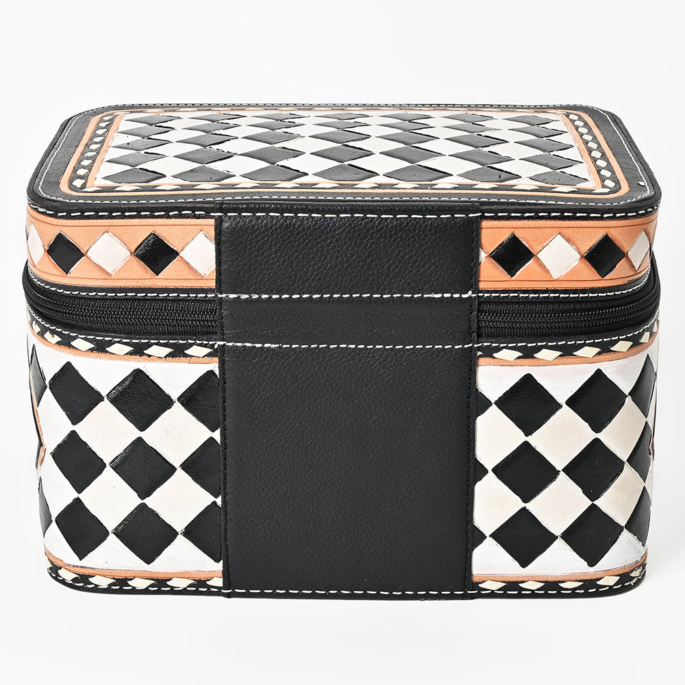OHLAY Checkered Top Grain Leather Jewelry Box Case Bag Hand-Painted Black White