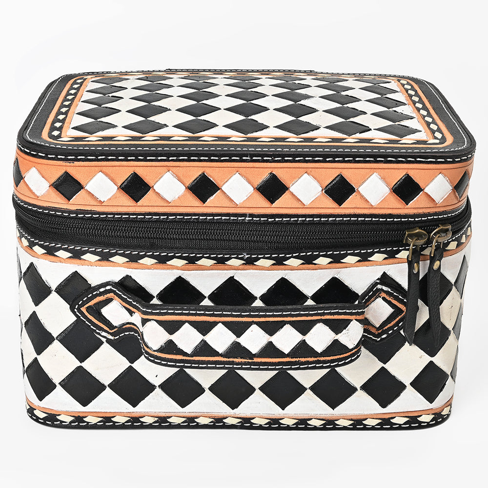 OHLAY Checkered Top Grain Leather Jewelry Box Case Bag Hand-Painted Black White