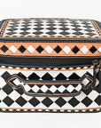 OHLAY Checkered Top Grain Leather Jewelry Box Case Bag Hand-Painted Black White