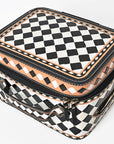OHLAY Checkered Top Grain Leather Jewelry Box Case Bag Hand-Painted Black White
