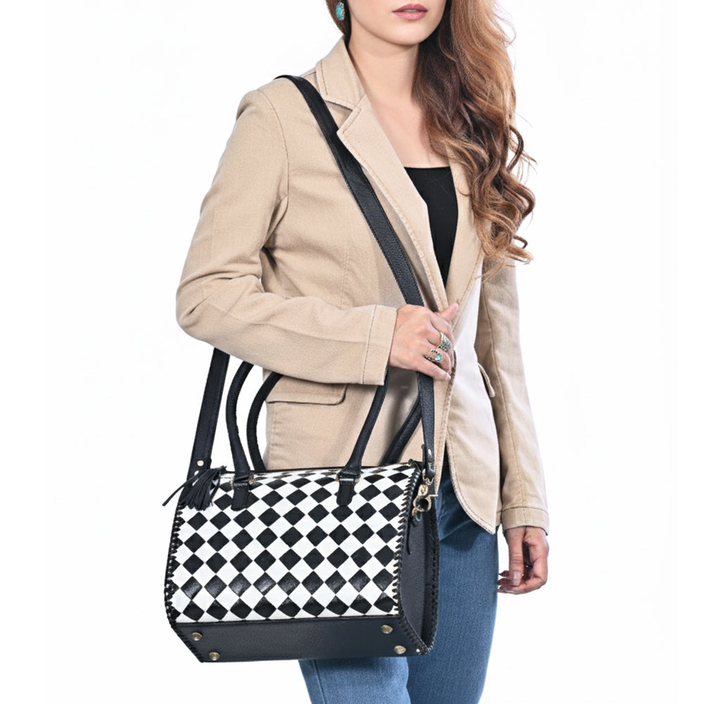 OHLAY High-Contrast Checkered Top Grain Leather Tote Bag Purse Black &amp; White