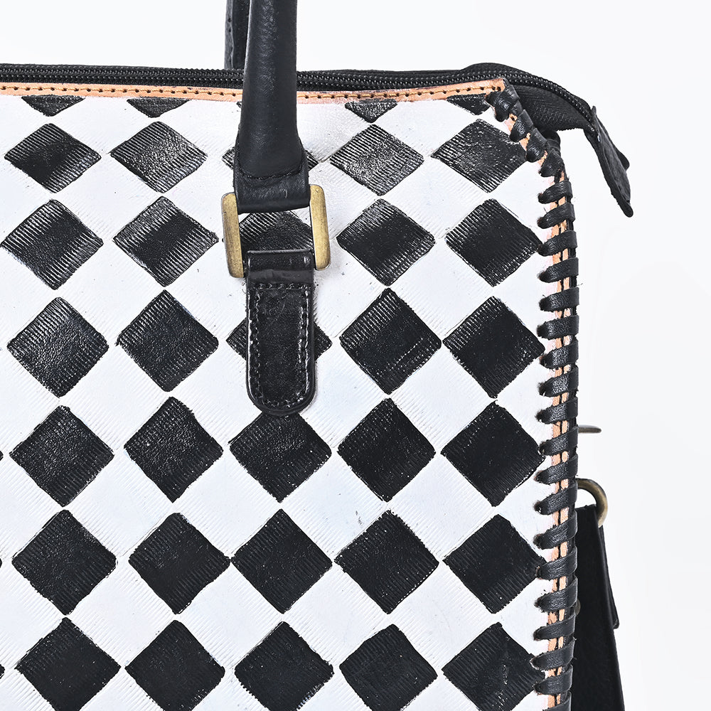 OHLAY High-Contrast Checkered Top Grain Leather Tote Bag Purse Black &amp; White