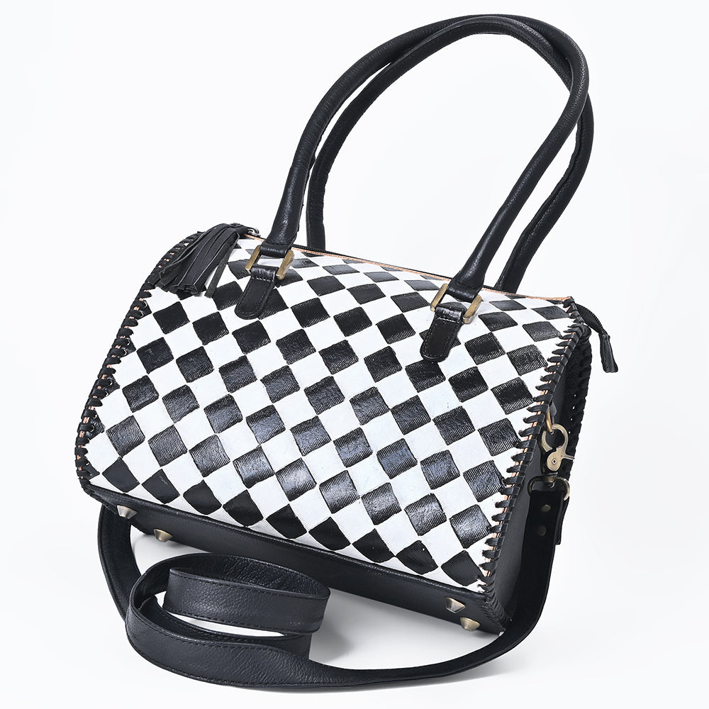 OHLAY High-Contrast Checkered Top Grain Leather Tote Bag Purse Black &amp; White