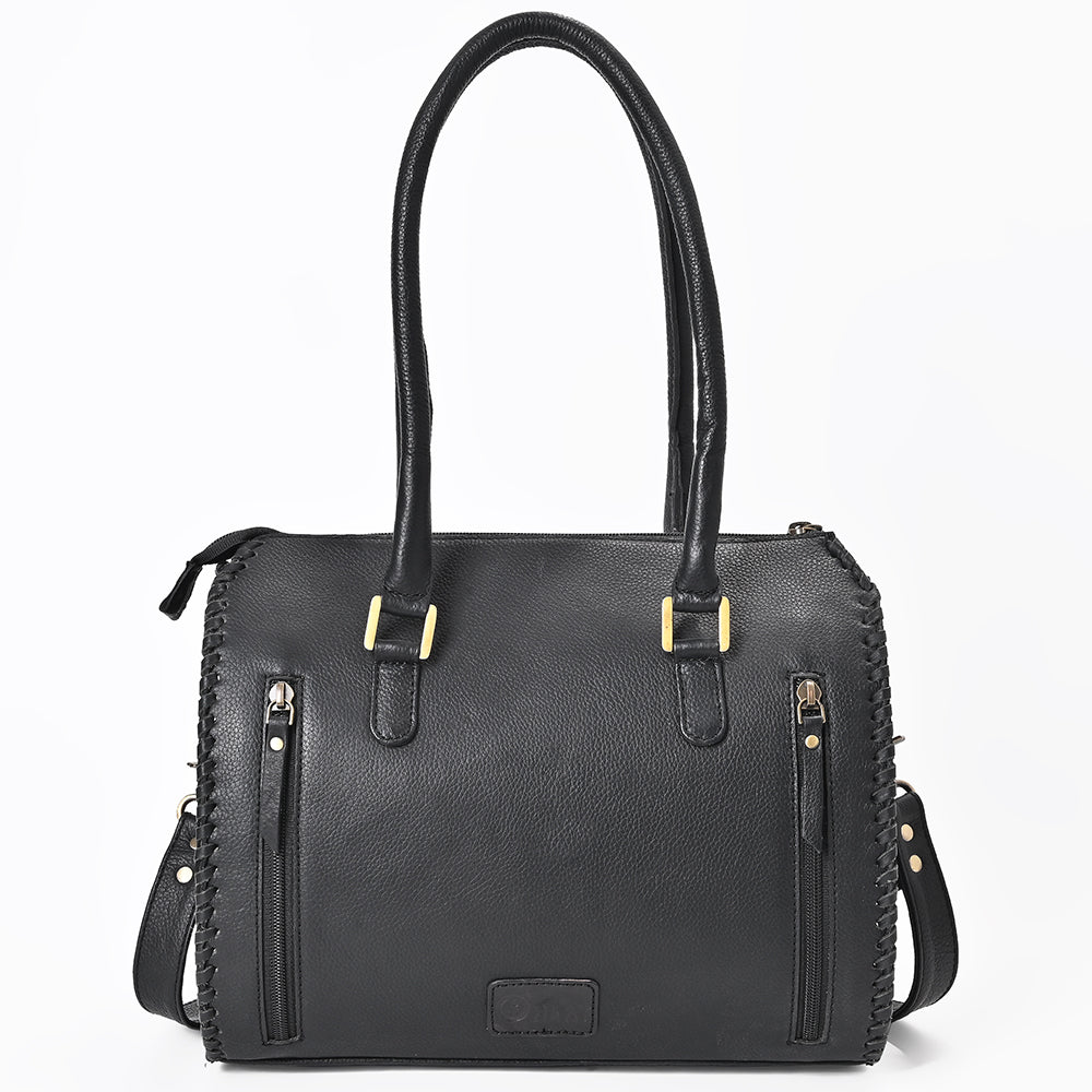 OHLAY High-Contrast Checkered Top Grain Leather Tote Bag Purse Black &amp; White
