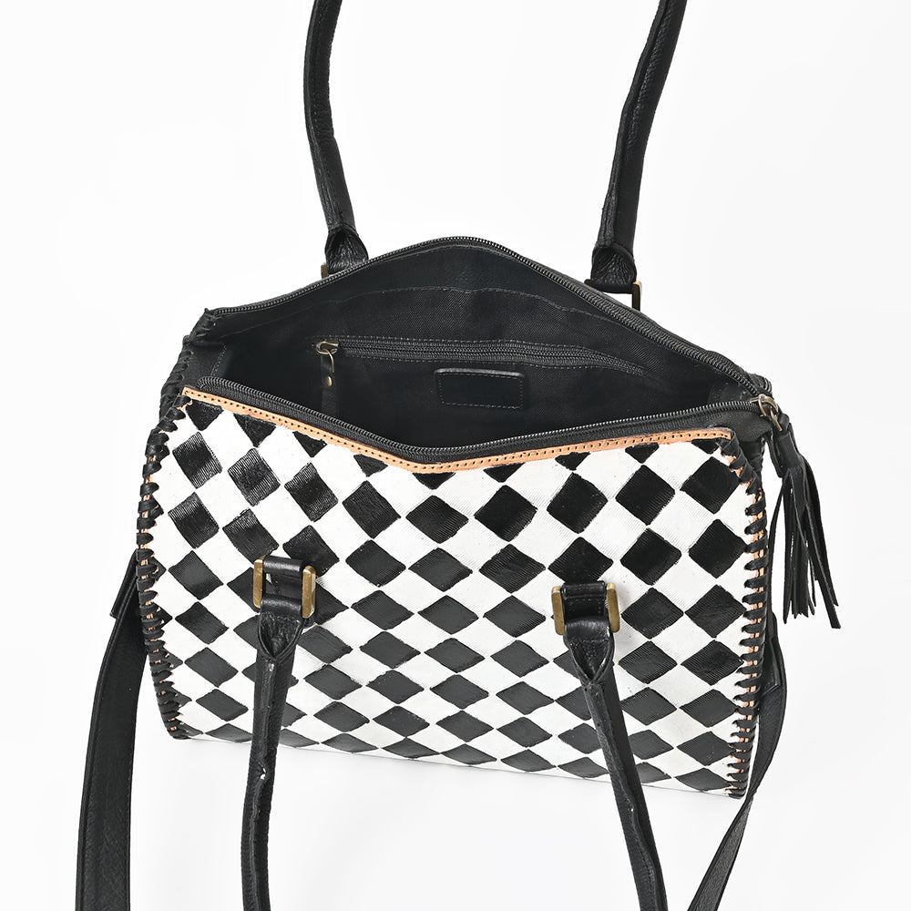 OHLAY High-Contrast Checkered Top Grain Leather Tote Bag Purse Black &amp; White