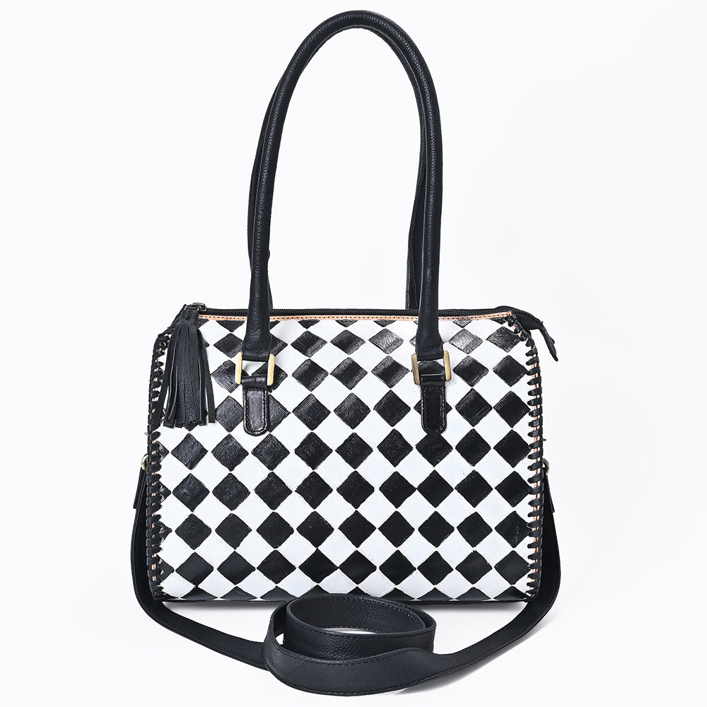 OHLAY High-Contrast Checkered Top Grain Leather Tote Bag Purse Black &amp; White