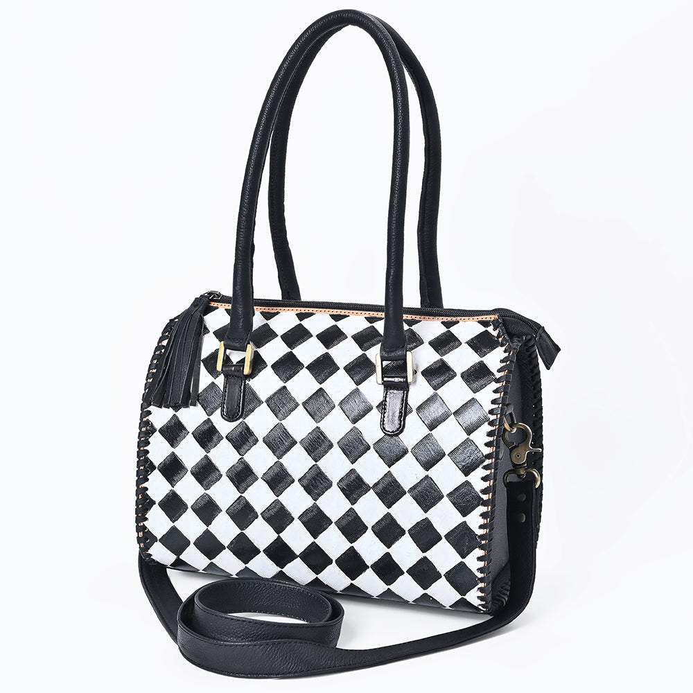 OHLAY High-Contrast Checkered Top Grain Leather Tote Bag Purse Black &amp; White